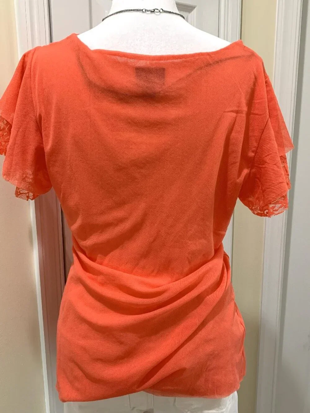 Worthington Orange Cowl Neck Blouse with Lace Flutter Short Sleeves Women L